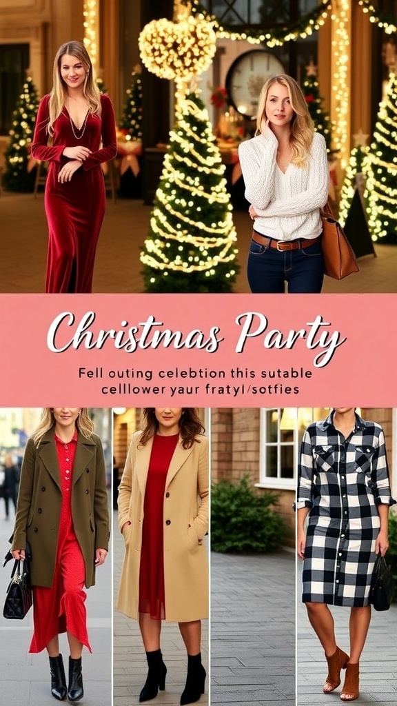 Stylish Christmas party outfits for Europe in a festive setting.